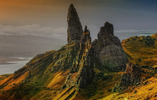 Картинка небо, облака, свет, пейзаж, горы, природа, туман, река