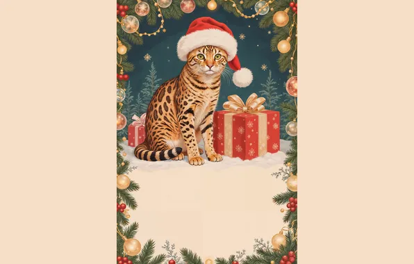 Кошка, кот, взгляд, шарики, подарок, рамка, Рождество, Новый год
