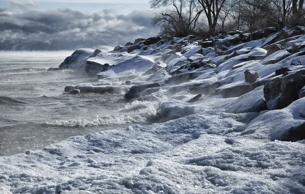 Waves, storm, Winter, rocks, snow, seacoast