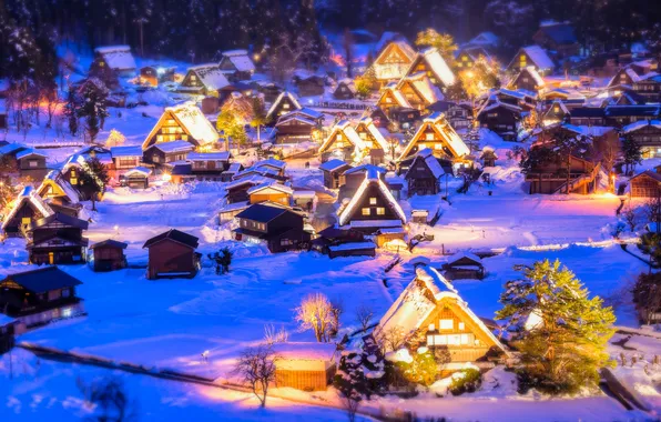 Зима, снег, ночь, огни, дома, Япония, долина, остров Хонсю