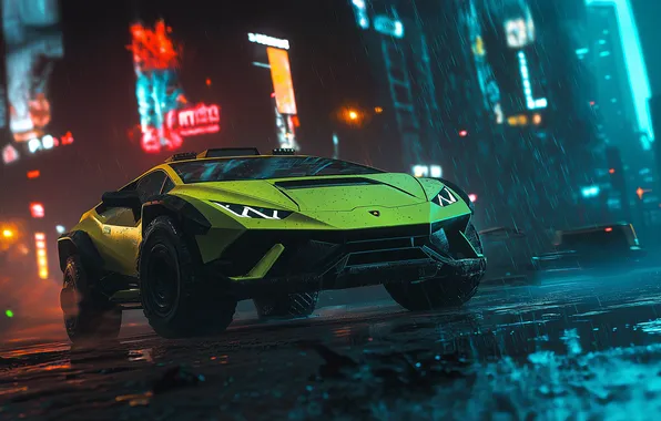 Car, city, Lamborghini, rain, neon, cyberpunk, offroad, Lamborghini Huracan