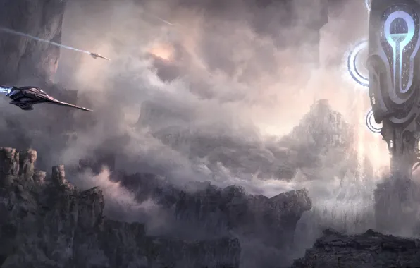 Rocks, planet, spaceships, towers, hydrogene