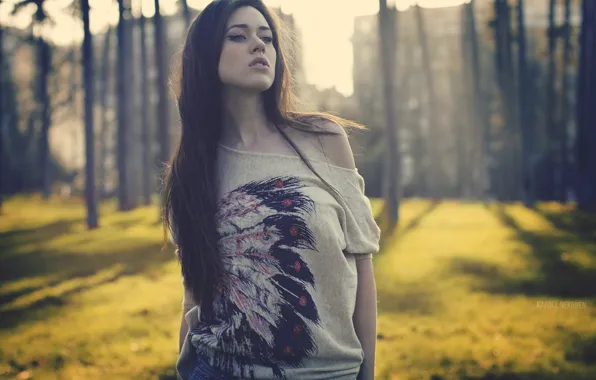 Лес, деревья, задумчивость, модель, красотка, Karoll Nekonen