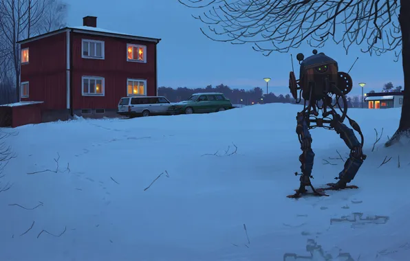 Картинка снег, деревья, следы, дом, ветви, робот, вечер, арт