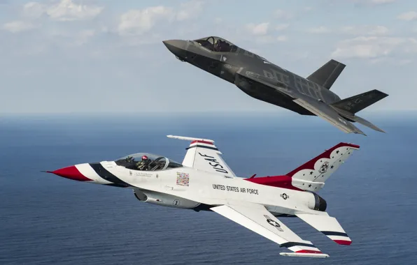 Картинка полет, истребители, F-16, Thunderbird, F-35A
