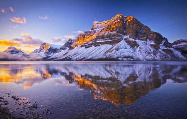 Картинка снег, природа, озеро, отражение, Канада, Альберта, Banff National Park, Bow Lake
