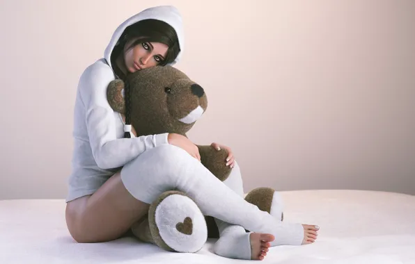 Попа, взгляд, девушка, лицо, ноги, чулки, медведь, красавица