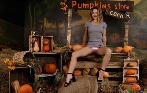 Short hair, model, awesome, brunette, pumpkins, gorgeous, photoshoot, posing