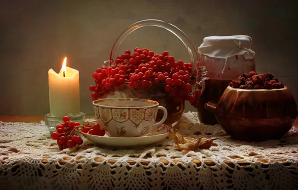 Картинка лист, ягоды, стол, свеча, плоды, шиповник, чашка, банка