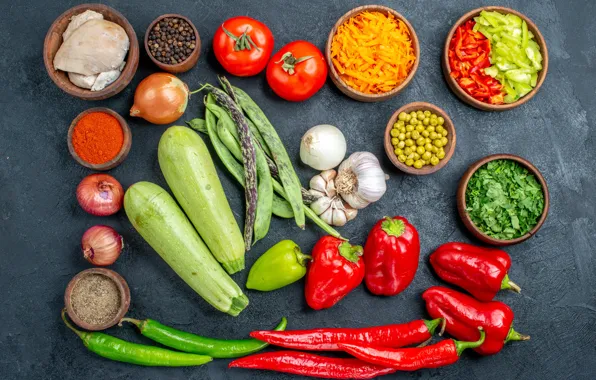 Зелень, красный, зеленый, лук, мясо, перец, серый фон, острый