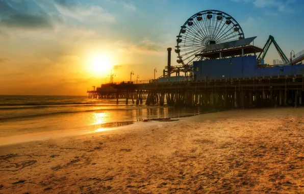 Картинка пляж, закат, колесо, причал, обозрения, Los Angeles, Santa Monica
