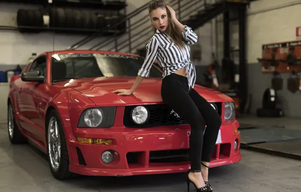 Взгляд, модель, гараж, красотка, Ford Mustang, ANNA