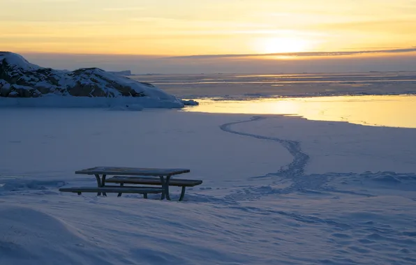 Картинка море, снег, закат, скамейка, стол, океан, гренландия