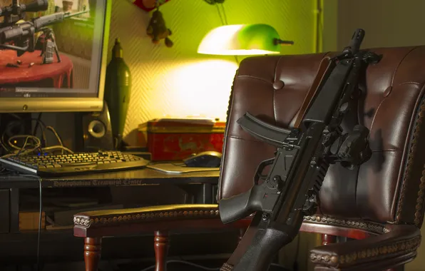Оружие, комната, кресло, пистолет-пулемёт, MP5