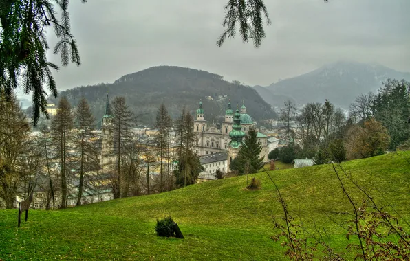 Картинка трава, деревья, горы, город, дома, Австрия, дымка, Salzburg