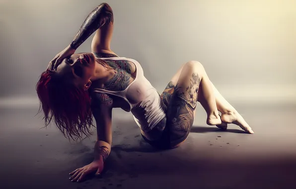 Грудь, девушка, тело, майка, тату, фотограф, рыжая, girl