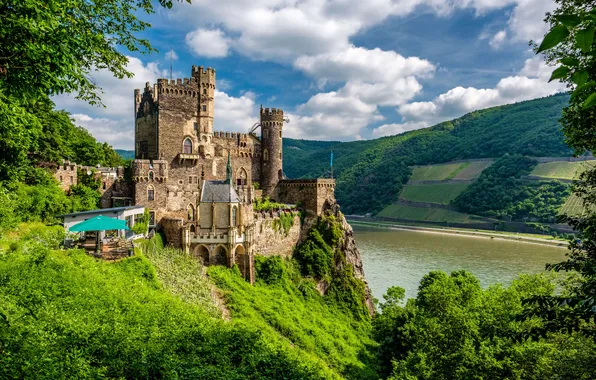 Summer, river, Germany, castle, Rhein, Rheinstein Castle