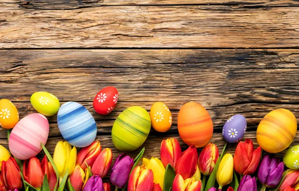 Цветы, яйца, весна, colorful, Пасха, тюльпаны, wood, flowers