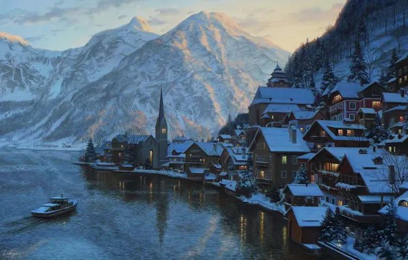 Картинка горы, зима, часовня, Austria, Hallstatt, houses, гора, Lushpin