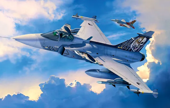 Картинка fighter, war, art, airplane, painting, aviaiton, Saab JAS-39C GRIPEN.jet