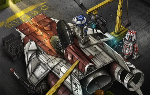 Рисунок, Истребитель, Star Wars, R2D2, Art, Звездные Войны, Illustration, R2-D2