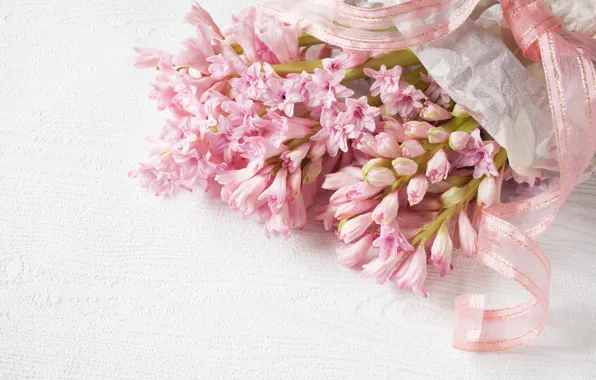Цветы, розовый, нежность, букет, лента, hyacinth