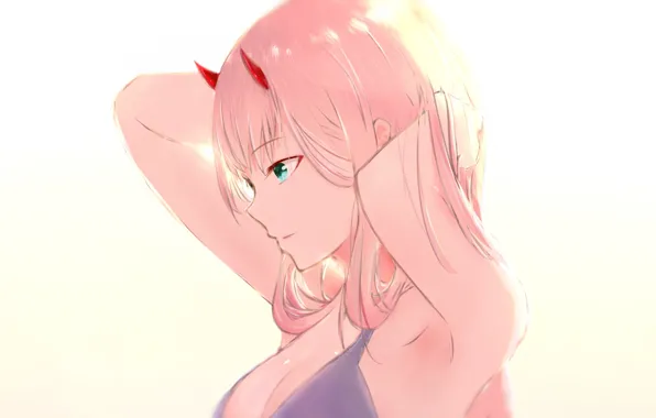 Девушка, аниме, арт, белый фон, 002, Darling In The Frankxx, Милый во Франксе