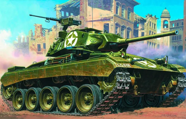 Картинка легкий, арт, танк, США, сражение, Чаффи, M24 Chaffee, WW2.