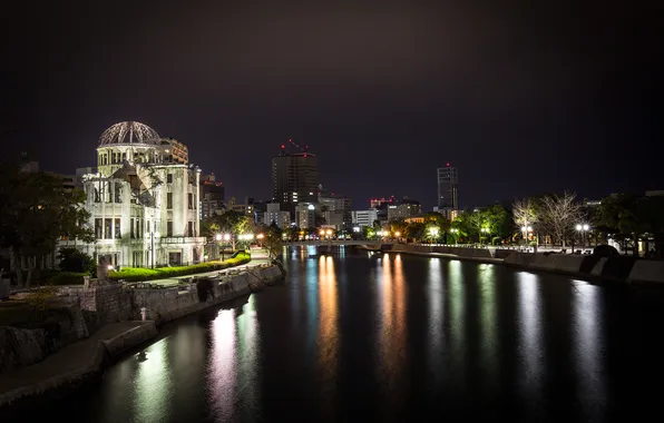 Ночь, огни, дома, Япония, мемориал, Хиросима