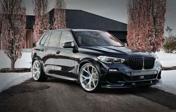 Картинка BMW, Winter, Black, Snow, SUV, X5M, LED