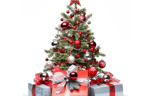 Картинка зима, красный, шары, звезда, елка, подарки, Новый год, коробки