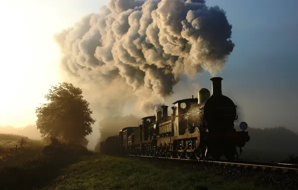 Картинка природа, дым, поезд, паровоз, вагоны, железная дорога