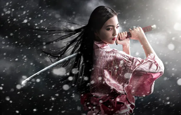 Снег, меч, кимоно, May, Samurai Girl
