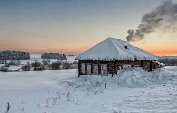 Зима, пейзаж, закат, дом