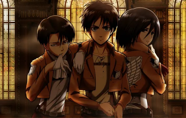 Перчатки, витражи, эмблема, зал, друзья, трое, военная форма, Shingeki no Kyojin