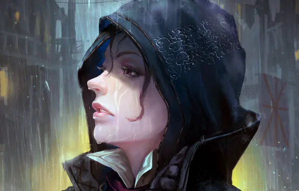 Картинка girl, fantasy, game, wet, rain, purple eyes, face, Assasin's Creed