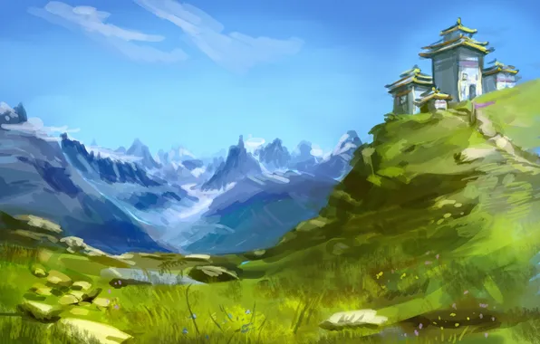 Картинка трава, пейзаж, горы, дом, здание, холм, арт