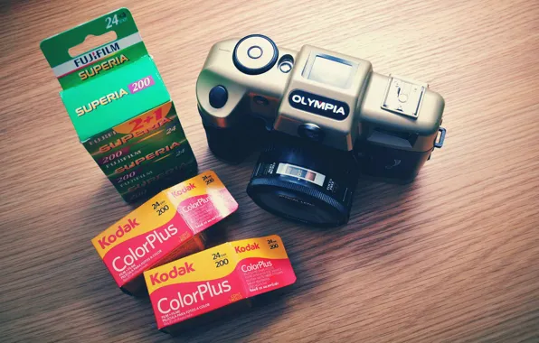 Vintage, camera, film, Fujifilm, Kodak, Olympia, Colorplus