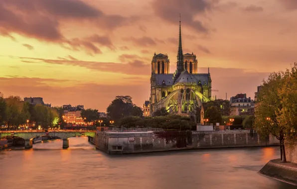 Вечер, Сена, Paris, Собор Парижской Богоматери, France, Notre Dame