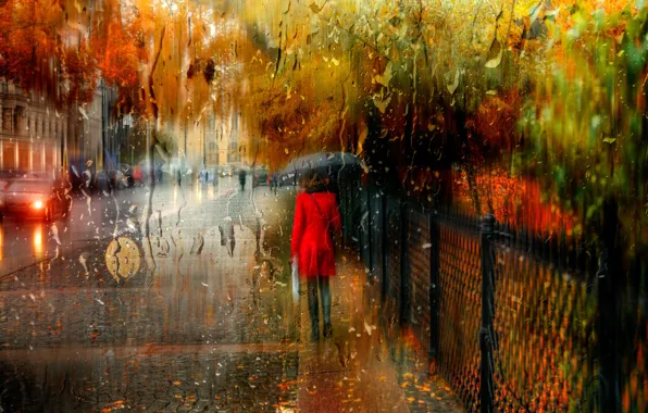 Осень, девушка, город, дождь, Санкт-Петербург, Россия