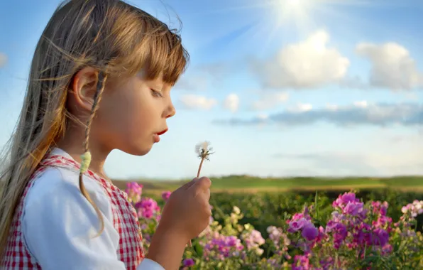 Картинка лето, небо, облака, цветы, природа, дети, детство, девочки