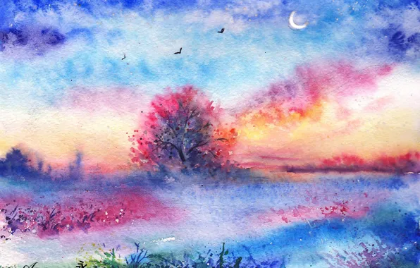 Картинка трава, птицы, дерево, акварель, нарисованный пейзаж