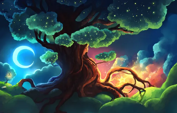 Moon, fantasy, night, art, glow, stars, tree, lantern