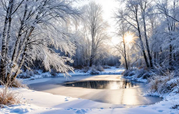 Картинка зима, лес, снег, река, елки, forest, nature, winter