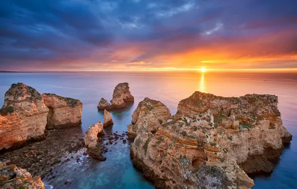 Картинка море, рассвет, побережье, утро, Португалия, Portugal, Algarve, Ponta da Piedade