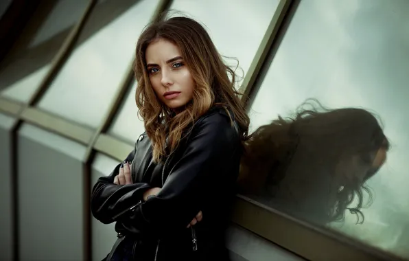 Картинка взгляд, девушка, лицо, поза, отражение, модель, волосы, куртка