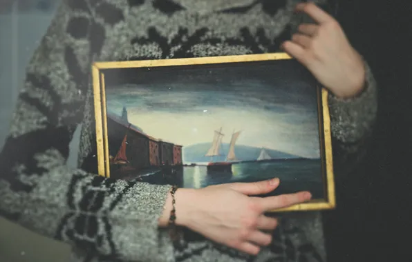 Море, девушка, картина, парусники