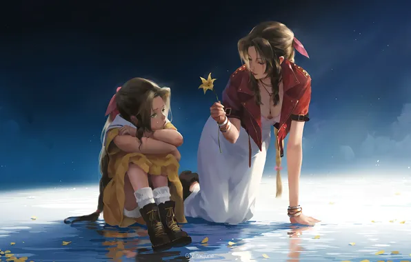 Картинка fantasy, game, Final Fantasy 7, flower, girls, water, leaves, tears