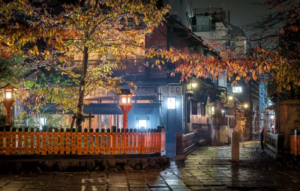 Картинка ночь, город, улица, дома, Япония, освещение, фонари, Киото