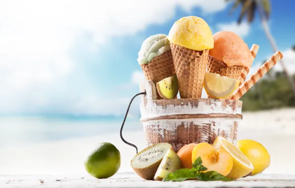 Картинка пляж, мороженое, фрукты, рожок, десерт, сладкое, sweet, fruits